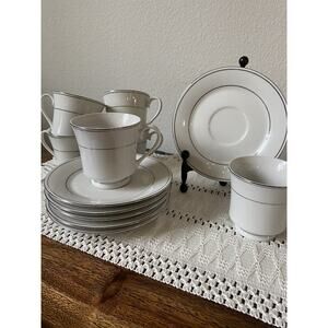 Vintage Simplicity Fine China Cups & Saucers, White/Silver Trim JAPAN Set Of 6